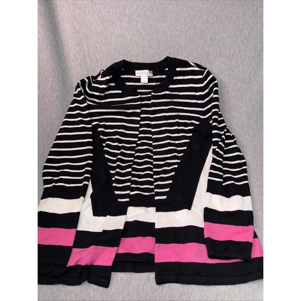 Christopher & Banks Women's Cardigan Sweater Medium Black White Striped Open Fro